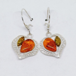 Stříbrné náušnice srdíčko s jantarovými kamínky